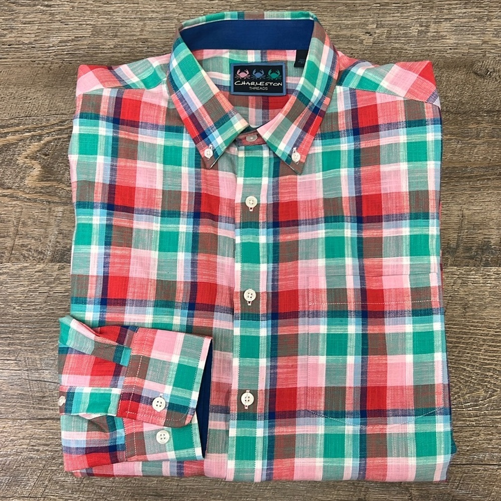 Charleston Threads Men’s Plaid Long Sleeve Button Down Shirt Size Large